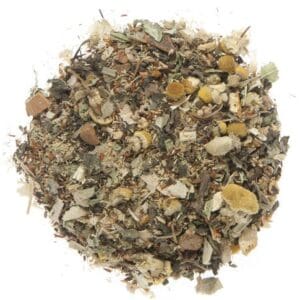 Loose herbal tea blend with dried leaves.