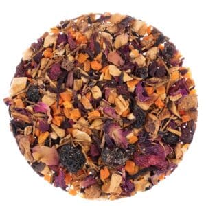 Colorful dried fruit and flower tea blend.