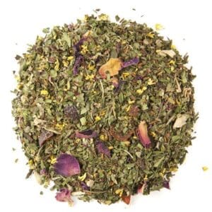 Loose herbal tea blend with colorful petals.